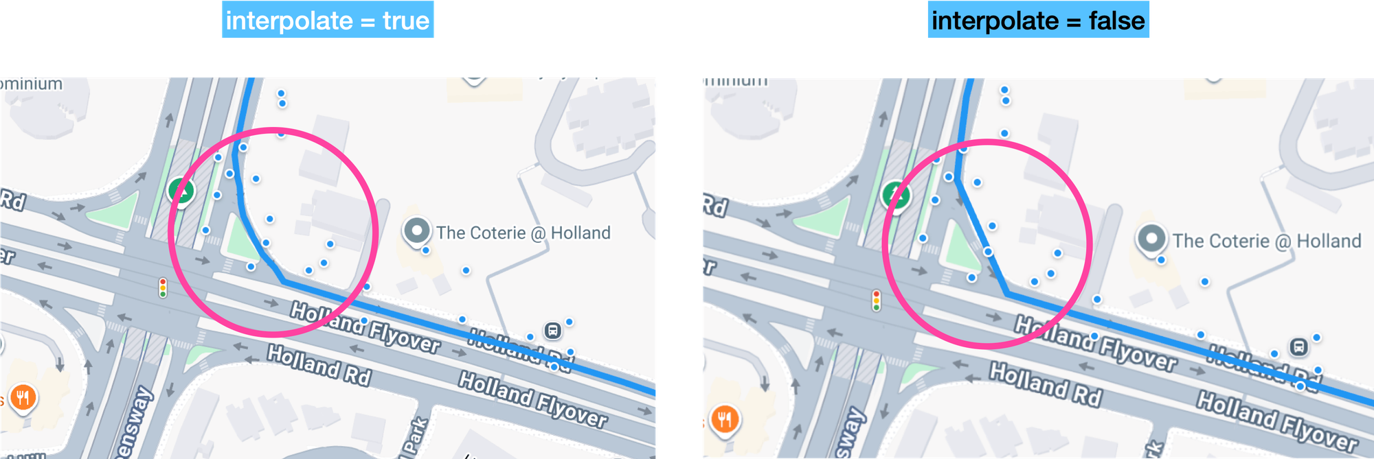 Interpolate as true vs false when calling the Snap to Roads endpoint