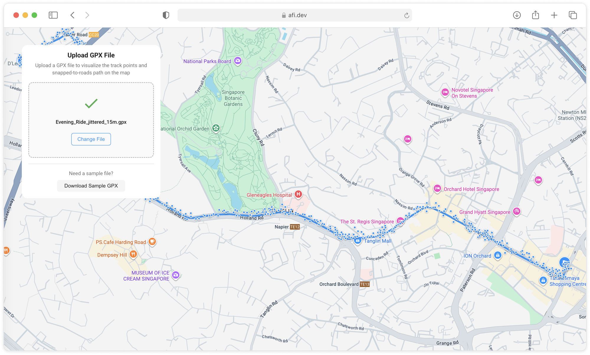 The Google Snap to Roads demo app lets you upload a route and map match it