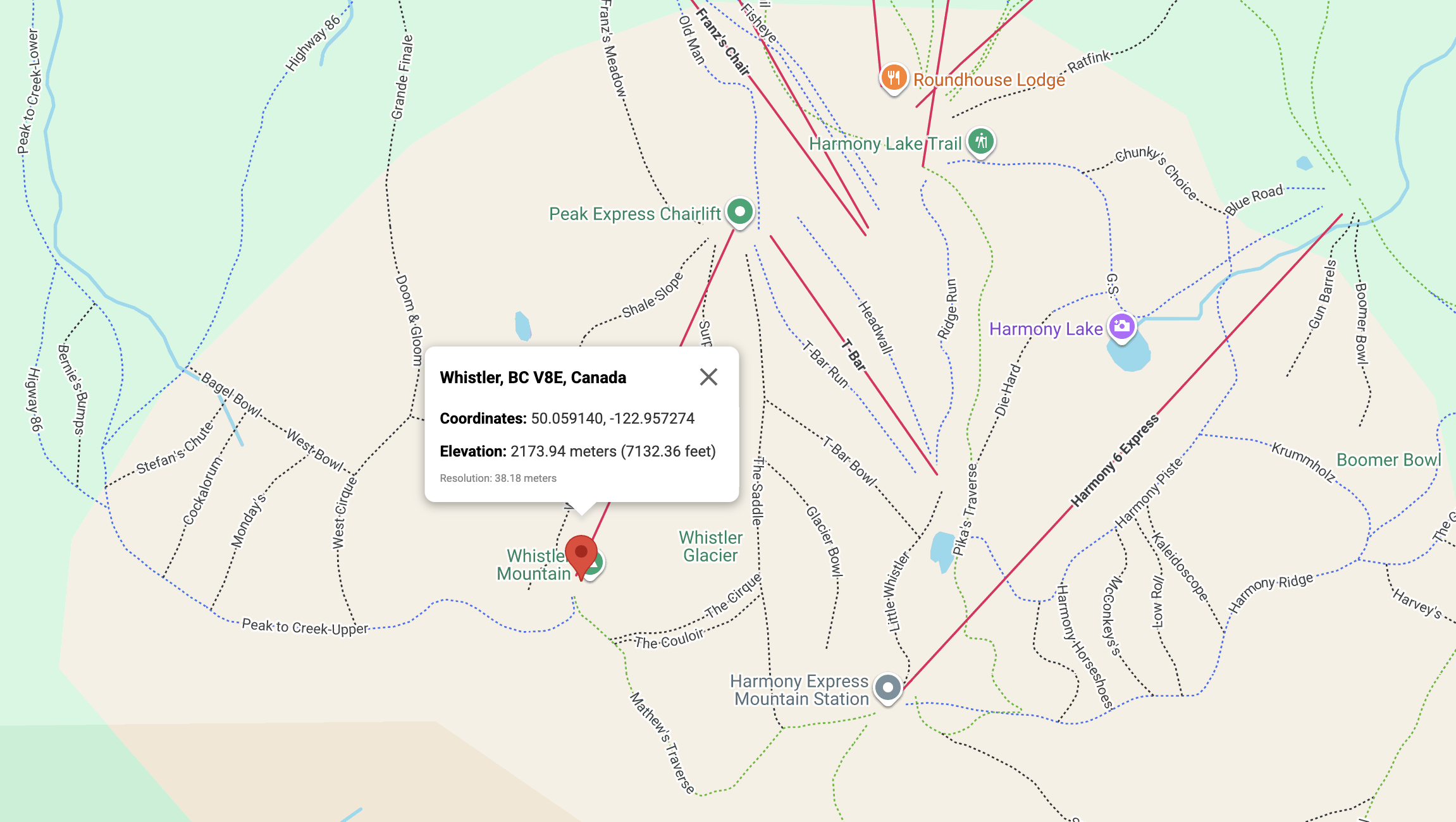 Elevation of Whistler Mountain in British Columbia, Canada 