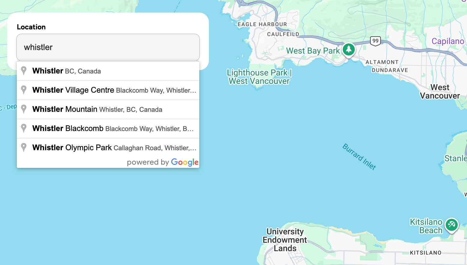 Place Autocomplete search box used to select a location