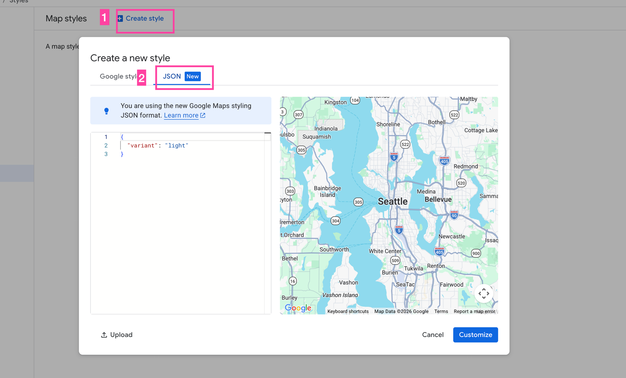 Creating a new style with the Cloud Based Maps Styling feature of Google Maps